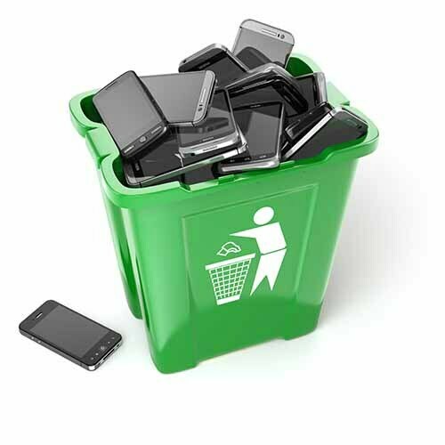 Mobile phones in garbage can isolated on white background. Utili